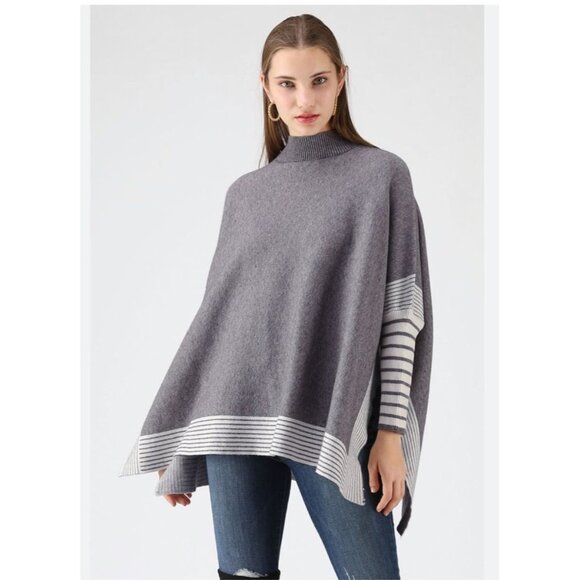 ChicWish Sweater Womens M-L Gray Colorblock Striped Knit Poncho Moc Neck Dolman - Picture 2 of 13